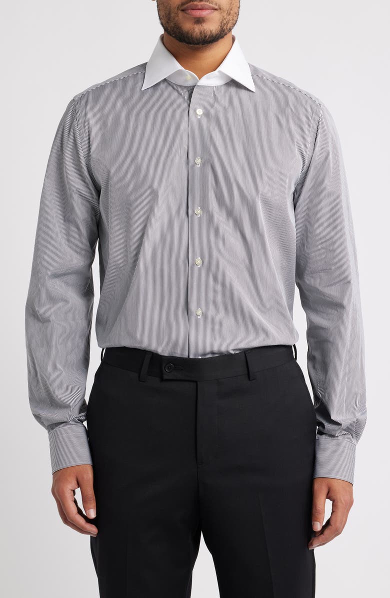 Emanuel Berg Modern Fit Stripe Cotton Poplin Dress Shirt, Main, color, Black