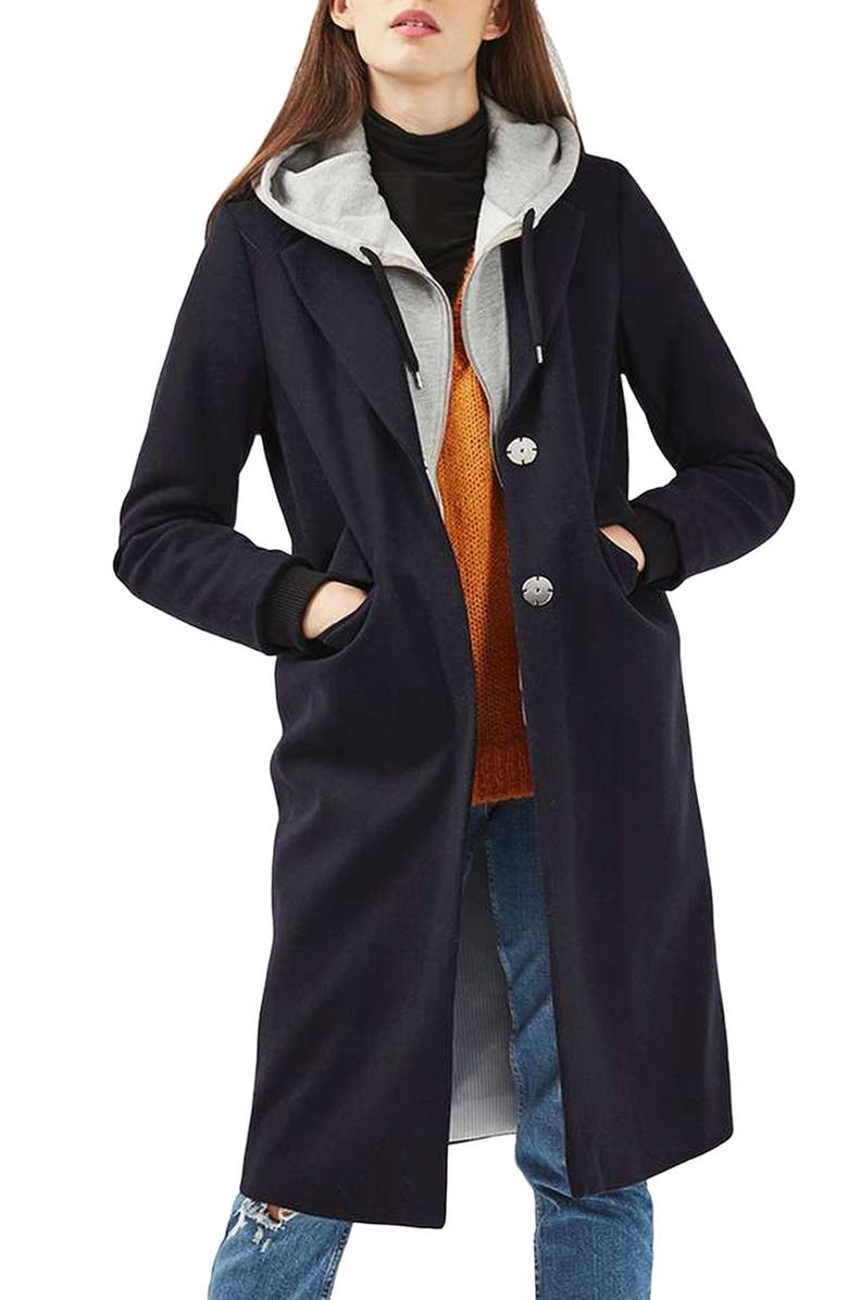 Topshop Hooded Layer Wool Blend Coat, Main, color, 