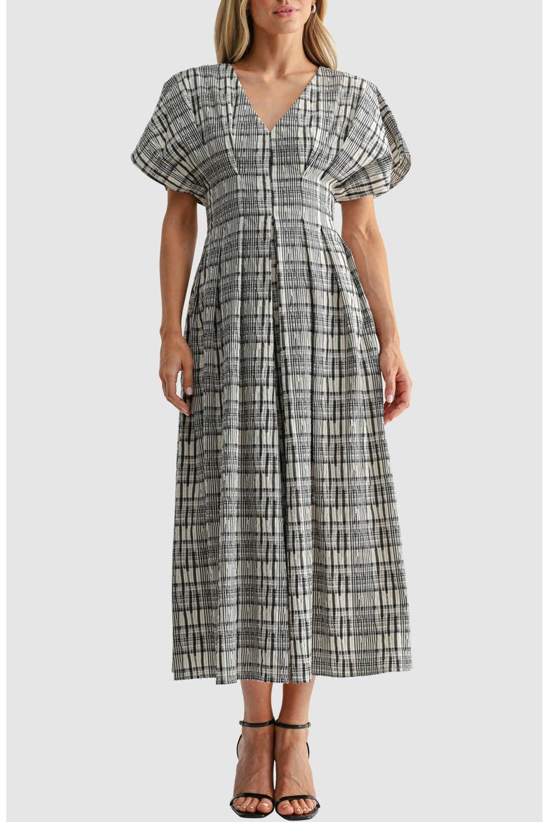 Plaid Pleated Dolman Sleeve Cotton Blend Dress, Main, color, IVORY BLACK PLAID