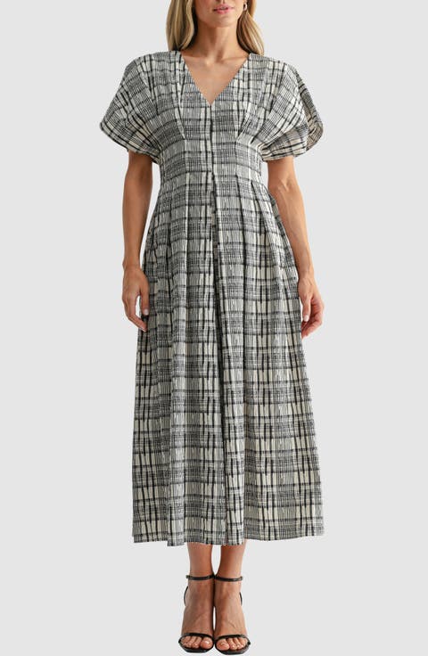 Plaid Pleated Dolman Sleeve Cotton Blend Dress