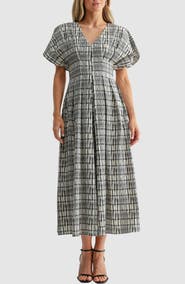 Mila Mae Plaid Pleated Dolman Sleeve Cotton Blend Dress