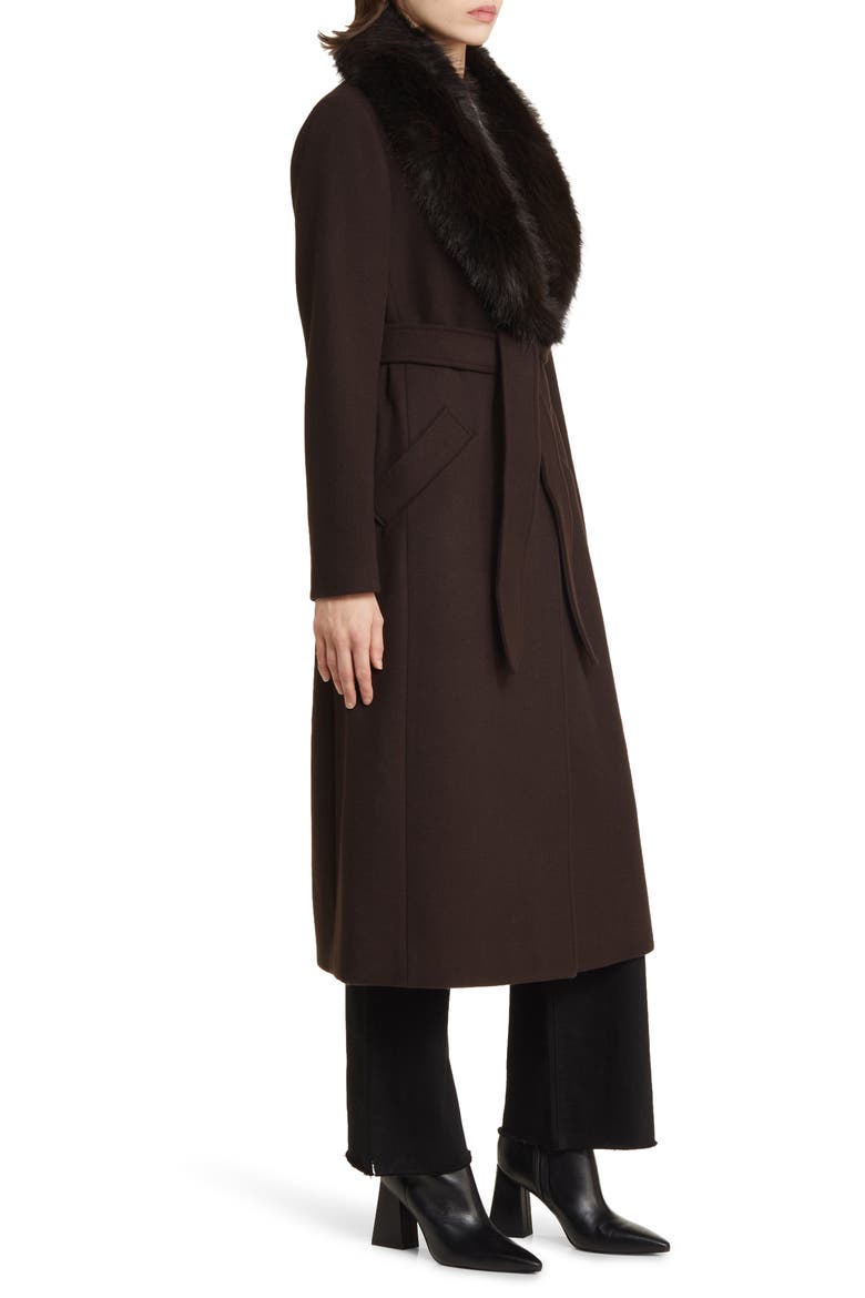 Belted Longline Wool Blend Coat with Faux Fur Collar, Alternate, color, CHOCOLATE