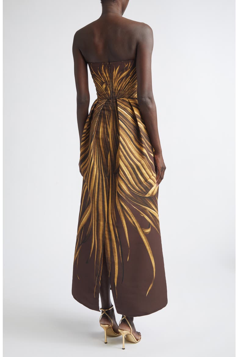Palm Print Strapless Faille Dress, Alternate, color, BROWN/ BROWN