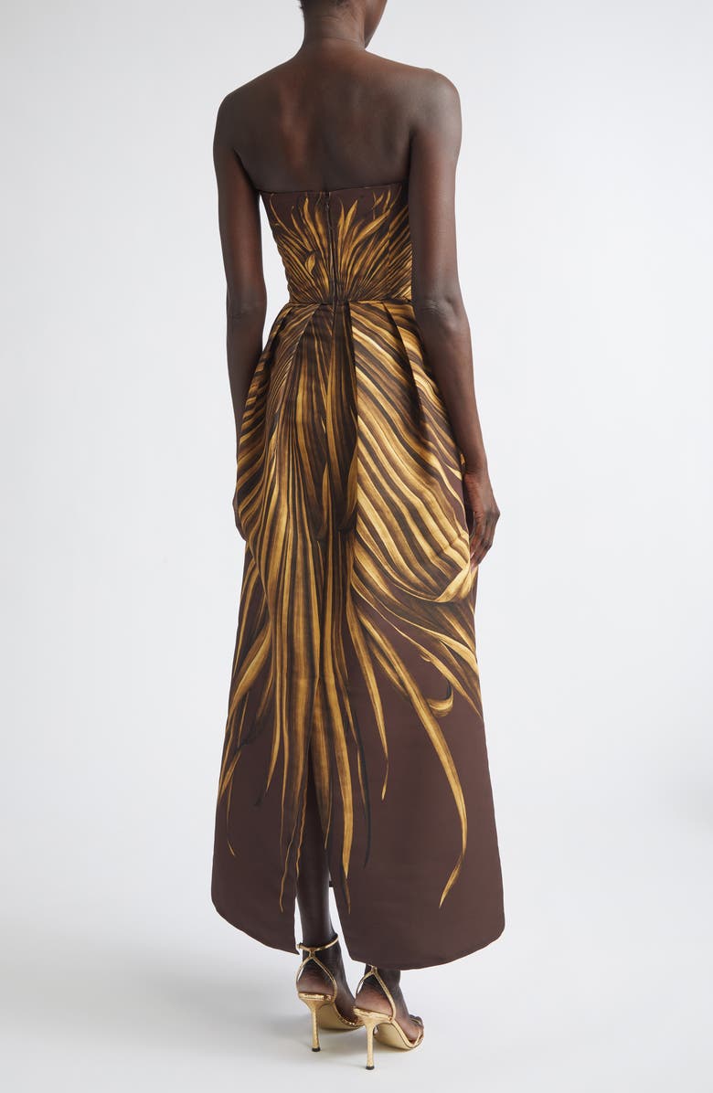 Oscar de la Renta Palm Print Strapless Faille Dress, Alternate, color, Brown/ Brown