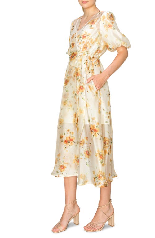 Melloday Floral Chiffon Midi Wrap Dress In Beige Golden Floral