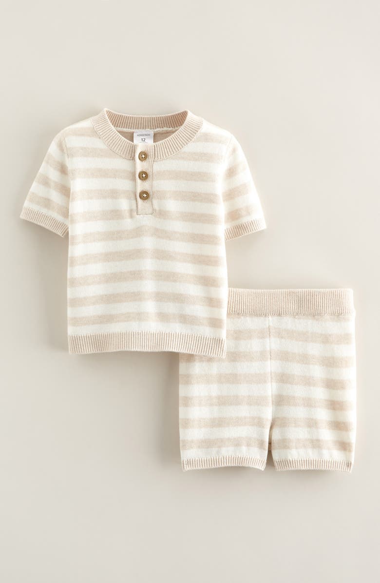 Nordstrom Stripe Short Sleeve Knit Henley & Shorts Set, Main, color, Beige Oatmeal Heather Stripe