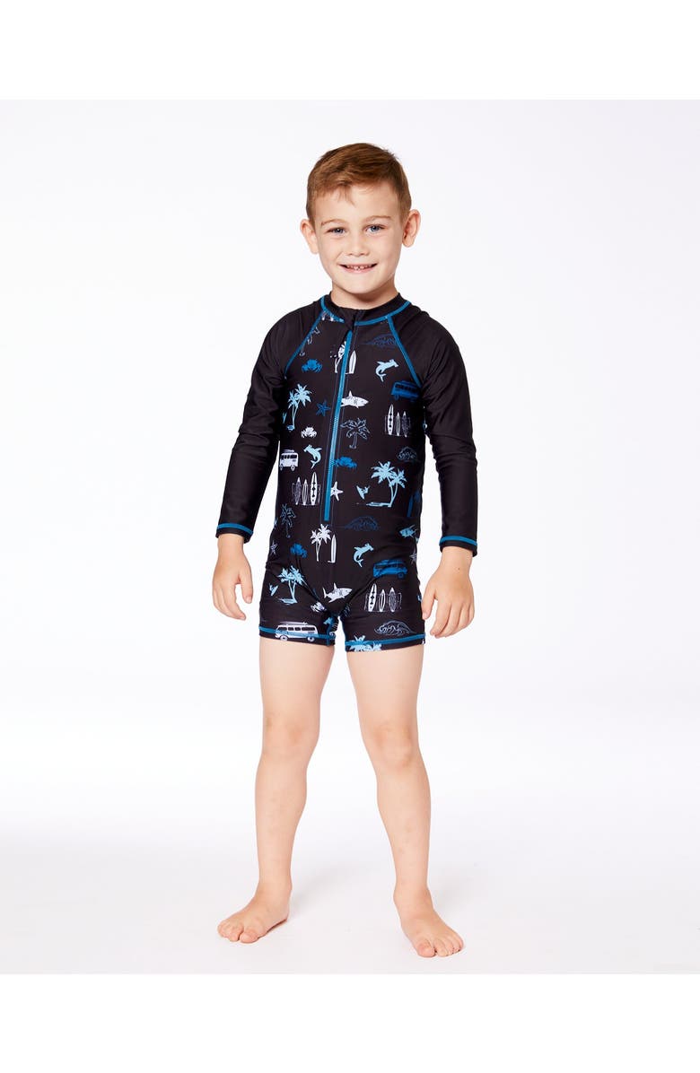 Deux par Deux Little Boy's Printed Long Sleeve Rashguard Light Blue Beach On Black, Alternate, color, 