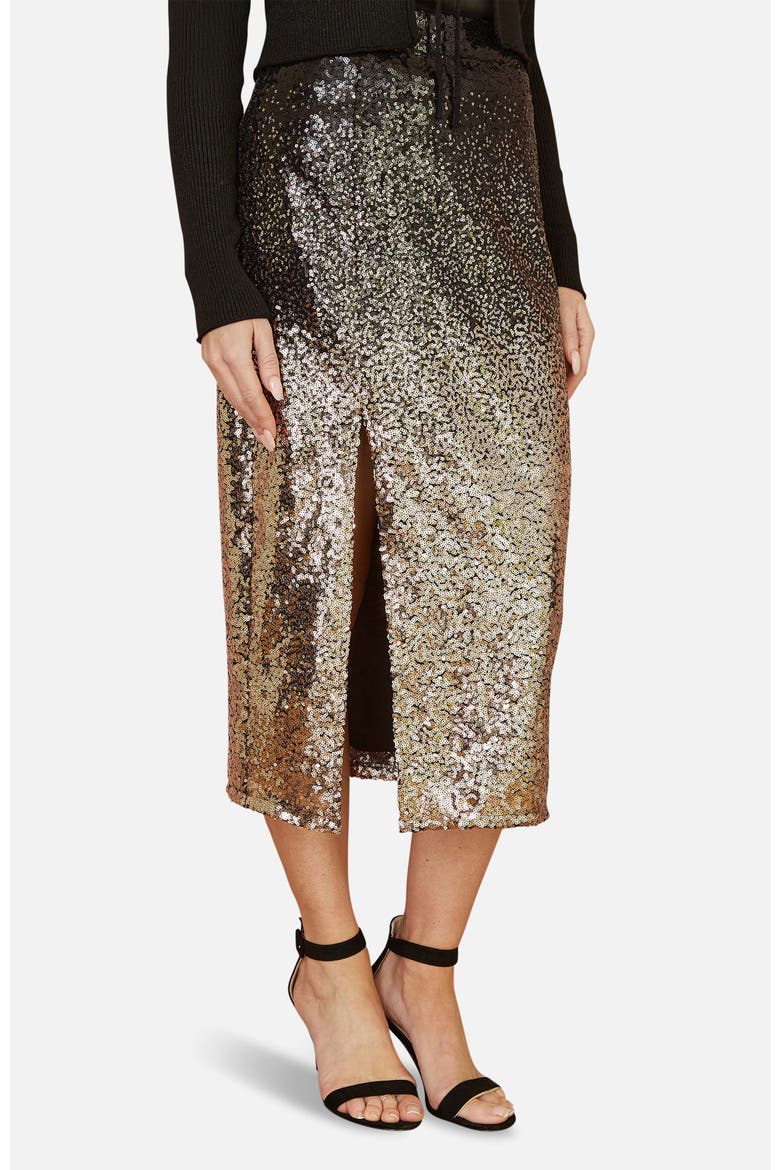 Sequin Split Fitted Midi Skirt, Main, color, Black