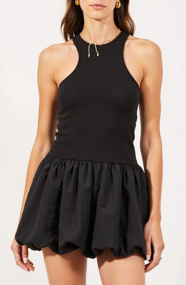 Modenaire Mixed Media Racerback Mini Dress with Bubble Hem Skirt, Main, color, Black