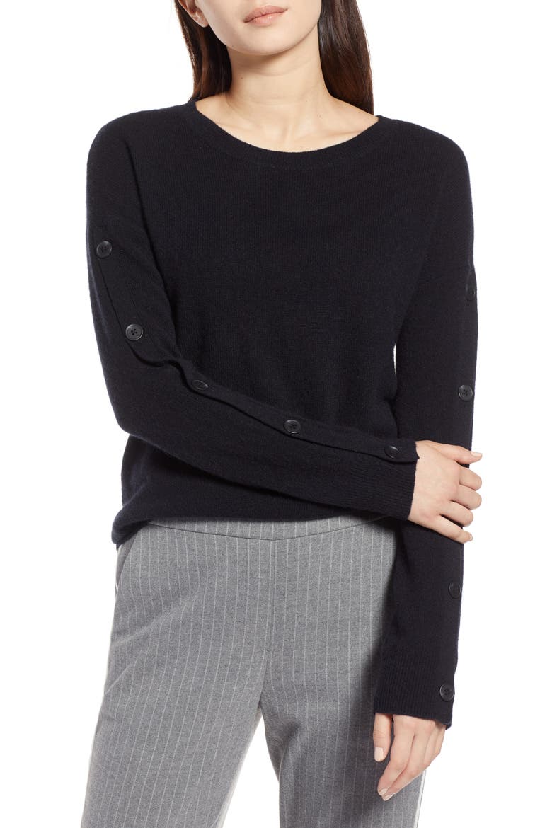 Cashmere Button Sleeve Sweater, Alternate, color, BLACK
