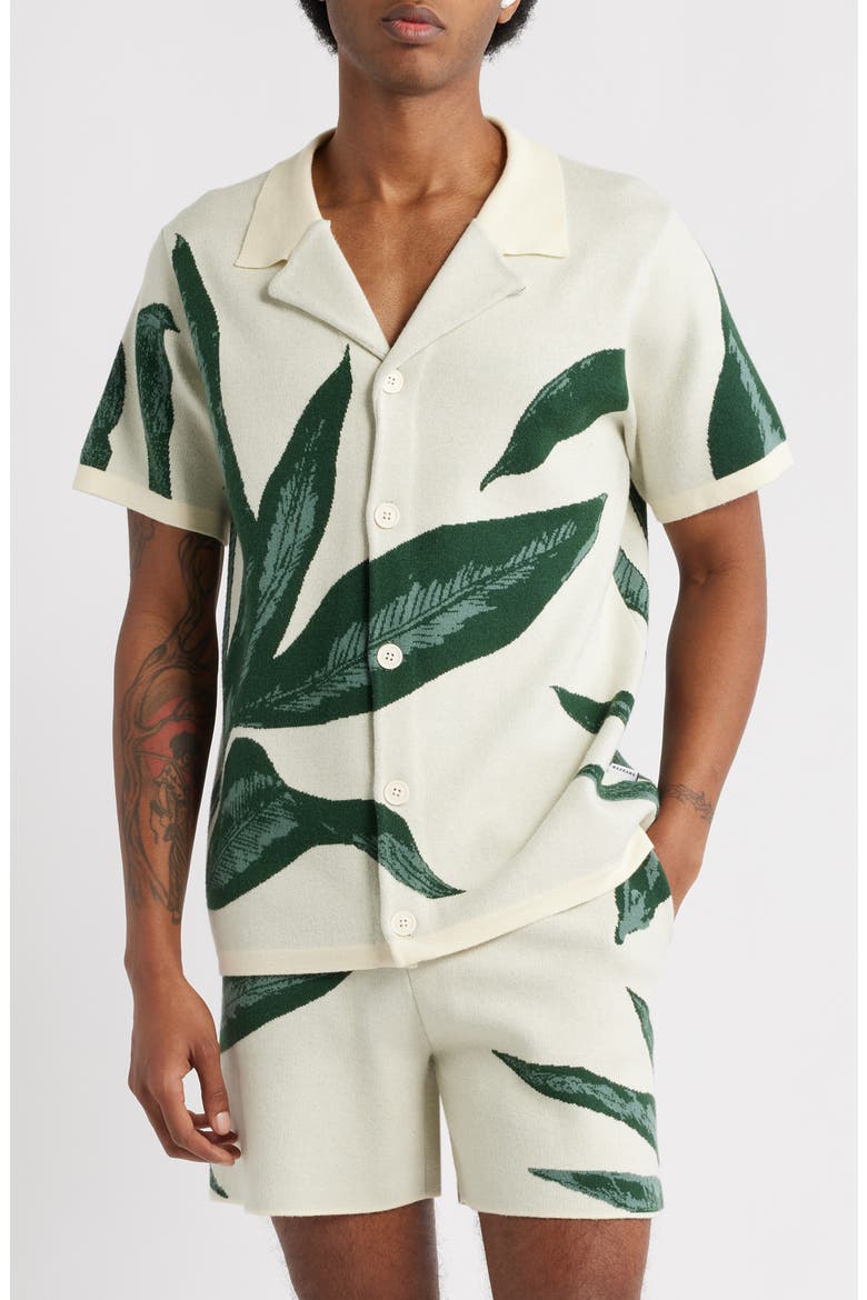 Jungle Jacquard Short Sleeve Knit Button-Up Shirt, Main, color, BEIGE