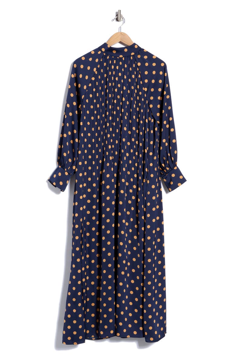 Pleated Long Sleeve Maxi Dress, Main, color, NAVY TAN DOT