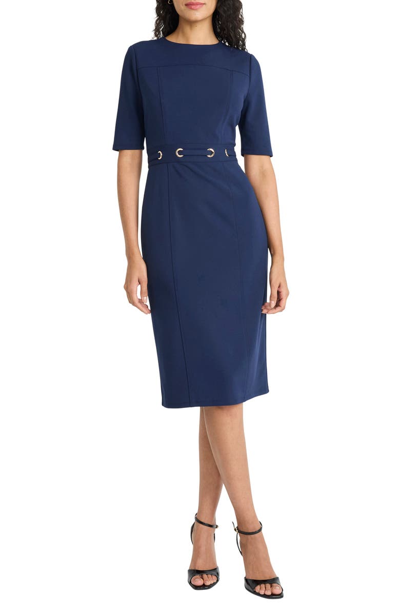 Maggy London Elbow Sleeve Grommet Waist Sheath Dress, Main, color, Navy Blazer