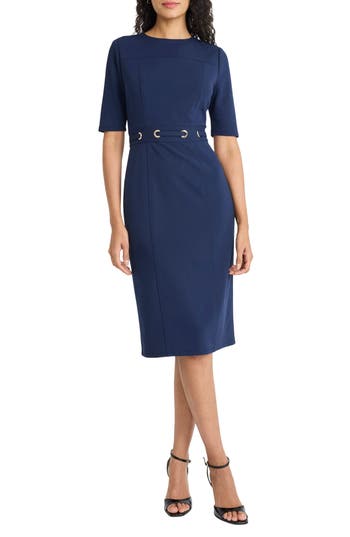 Maggy London Elbow Sleeve Grommet Waist Sheath Dress In Blue