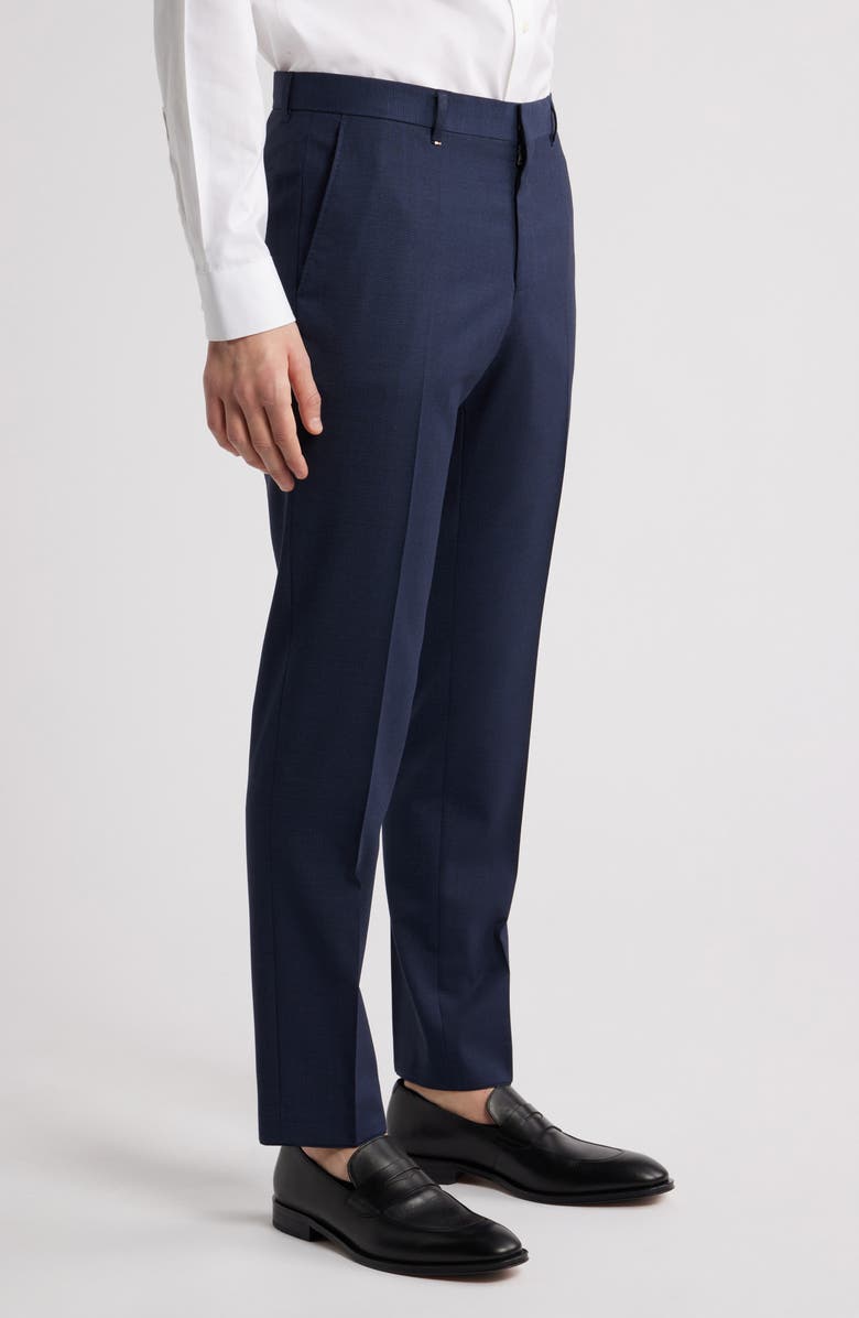 BOSS Genius Slim Fit Tan Microcheck Flat Front Stretch Dress Pants, Alternate, color, Dark Blue