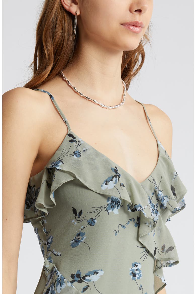 Floral Print Ruffle Chiffon Dress, Alternate, color, GREEN- BLUE SMUDGE FLORAL