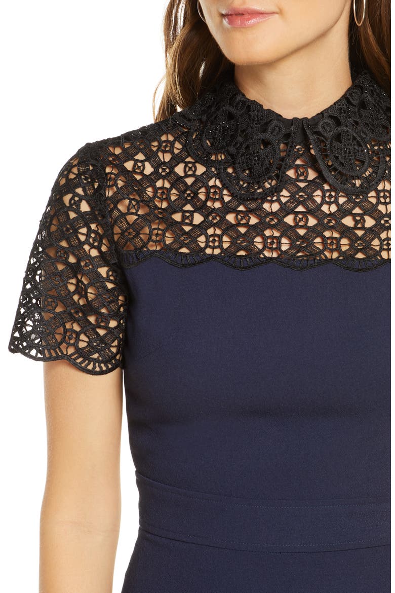 Lace Yoke Collared Dress, Alternate, color, NAVY