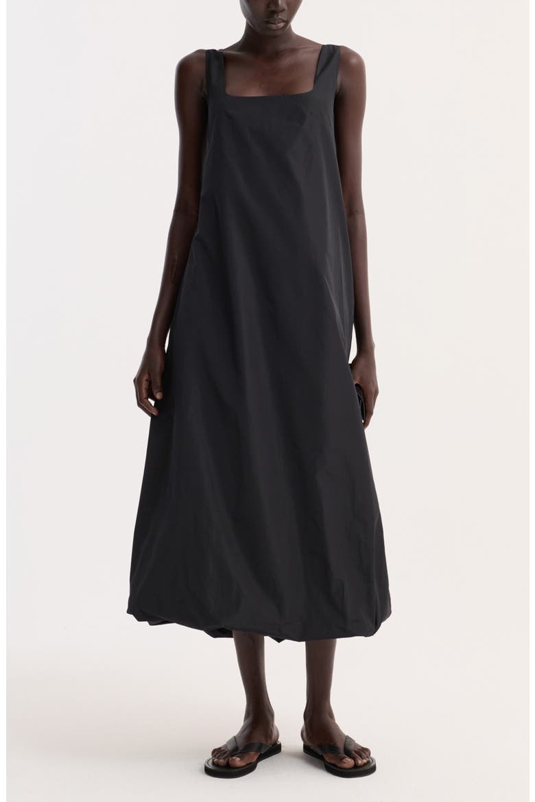 Balloon Hem Technical Taffeta Midi Dress, Main, color, BLACK