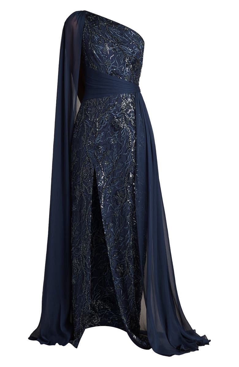 Tadashi Shoji Cap Detail One-Shoulder Sequin Floral Gown, Alternate, color, 