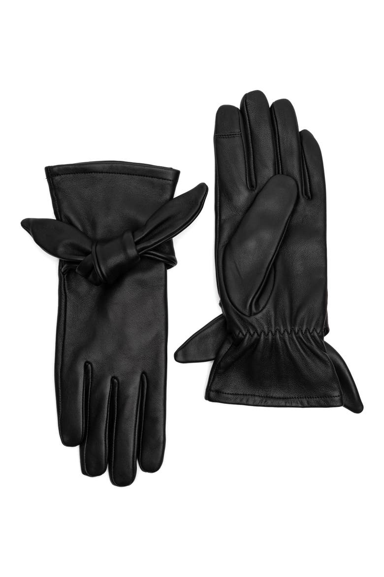 Bow Leather Gloves, Main, color, BLACK
