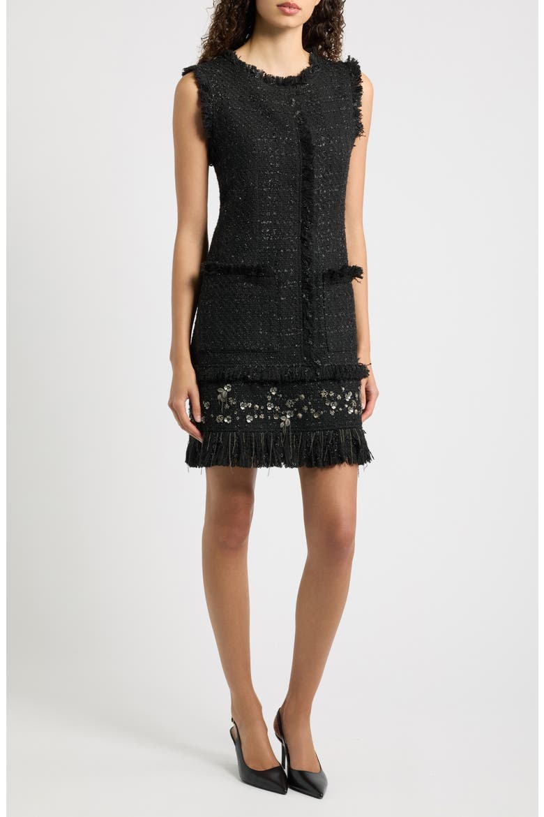 Rives Metallic Floral Appliqué Tweed Dress, Main, color, BLACK