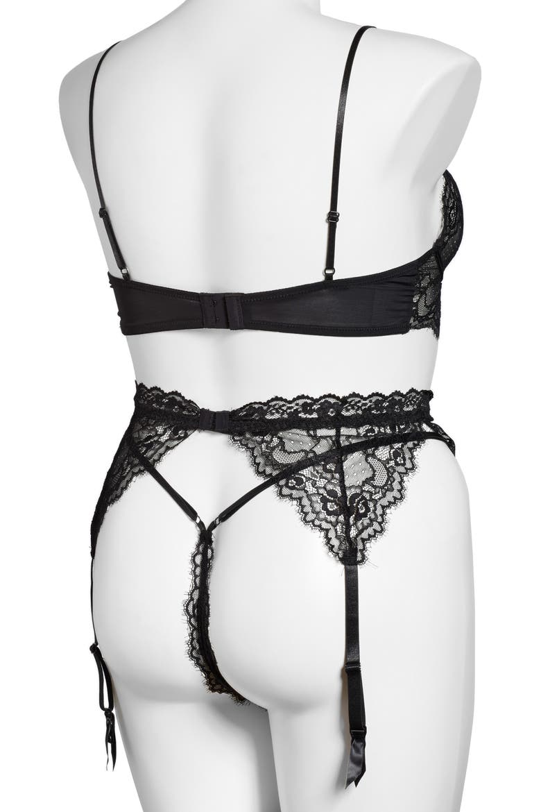 Lace Bra, Garter Belt & G-String Thong Set, Alternate, color, BLACK