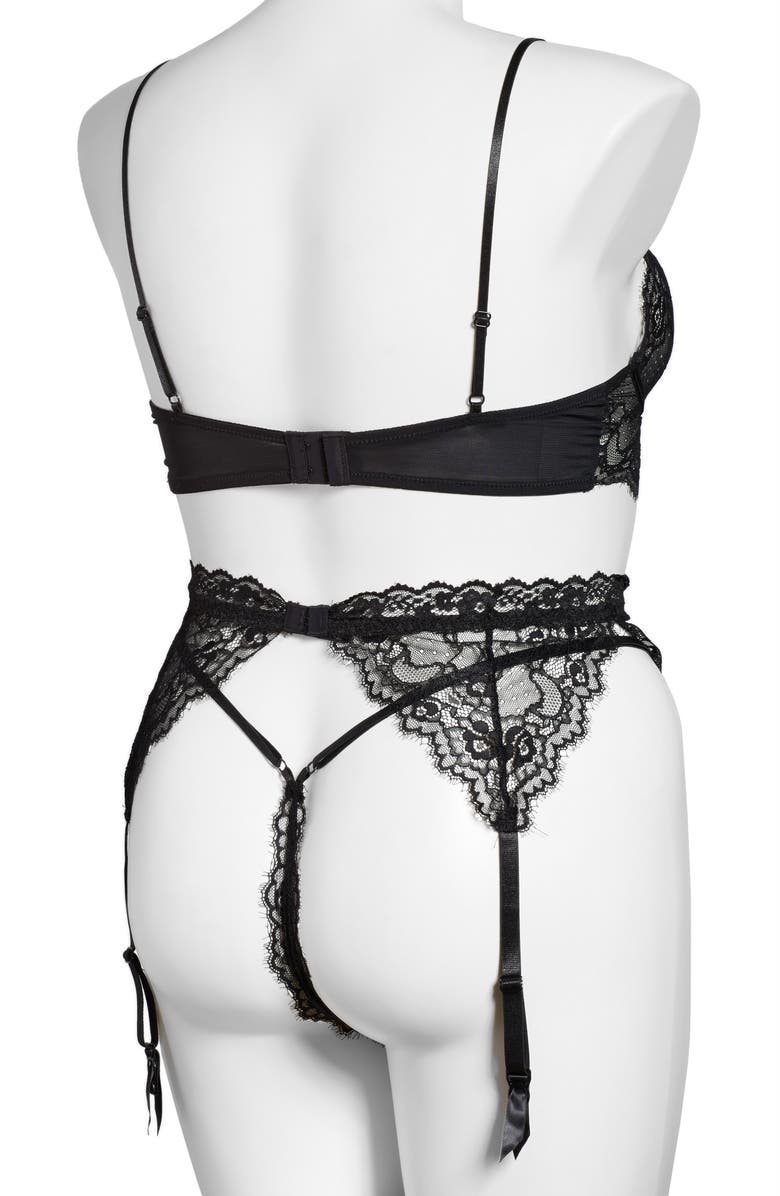 Coquette Lace Bra, Garter Belt & G-String Thong Set, Alternate, color, Black