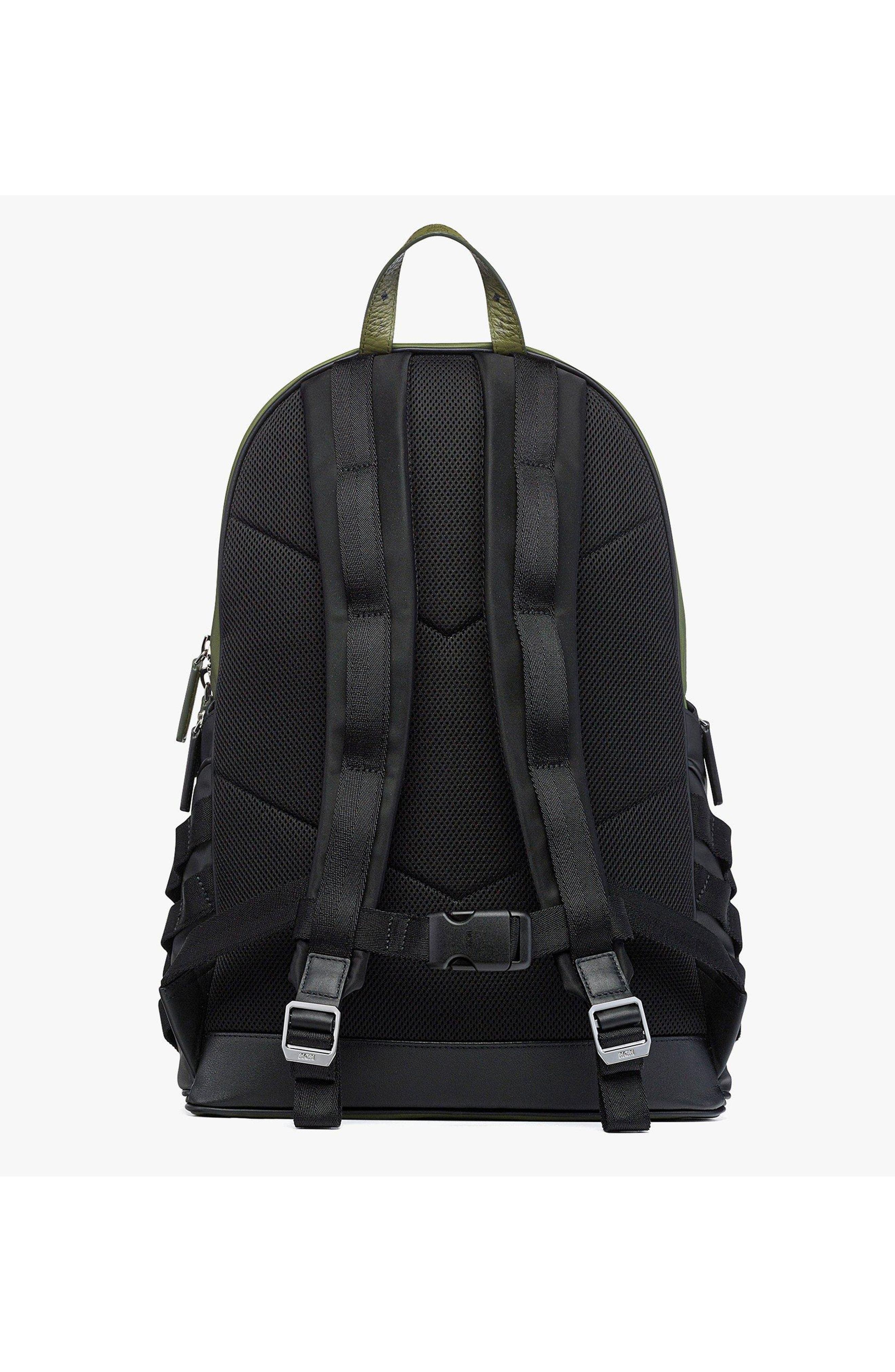 MCM Aren Backpack in ECONYLÂ<sup>®</sup> and Monogram Print Leather, Alternate, color, Khaki Moss