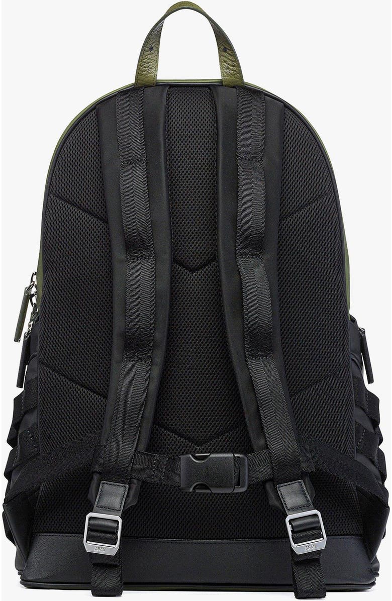 MCM Aren Backpack in ECONYLÂ<sup>®</sup> and Monogram Print Leather, Alternate, color, Khaki Moss