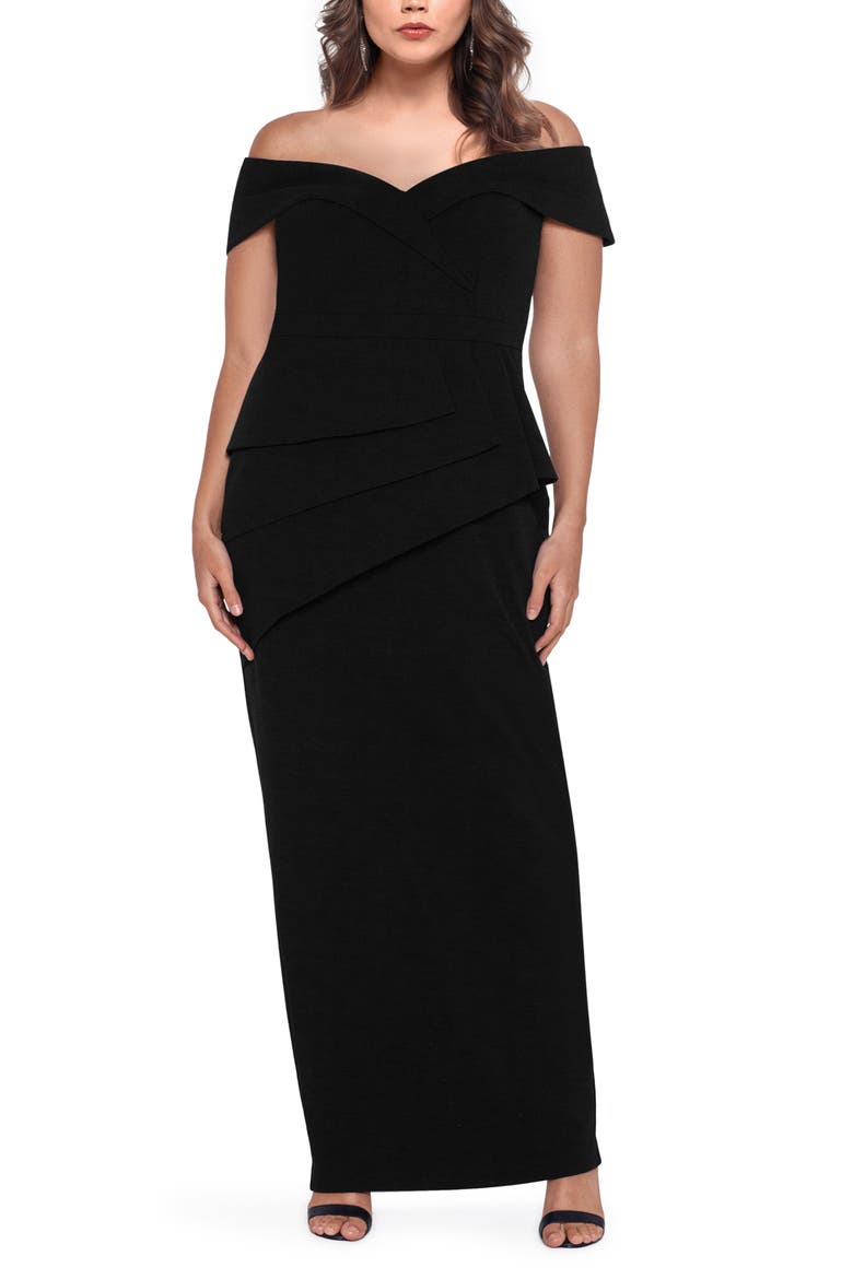 Xscape Off the Shoulder Scuba Crepe Column Gown, Main, color, BLACK