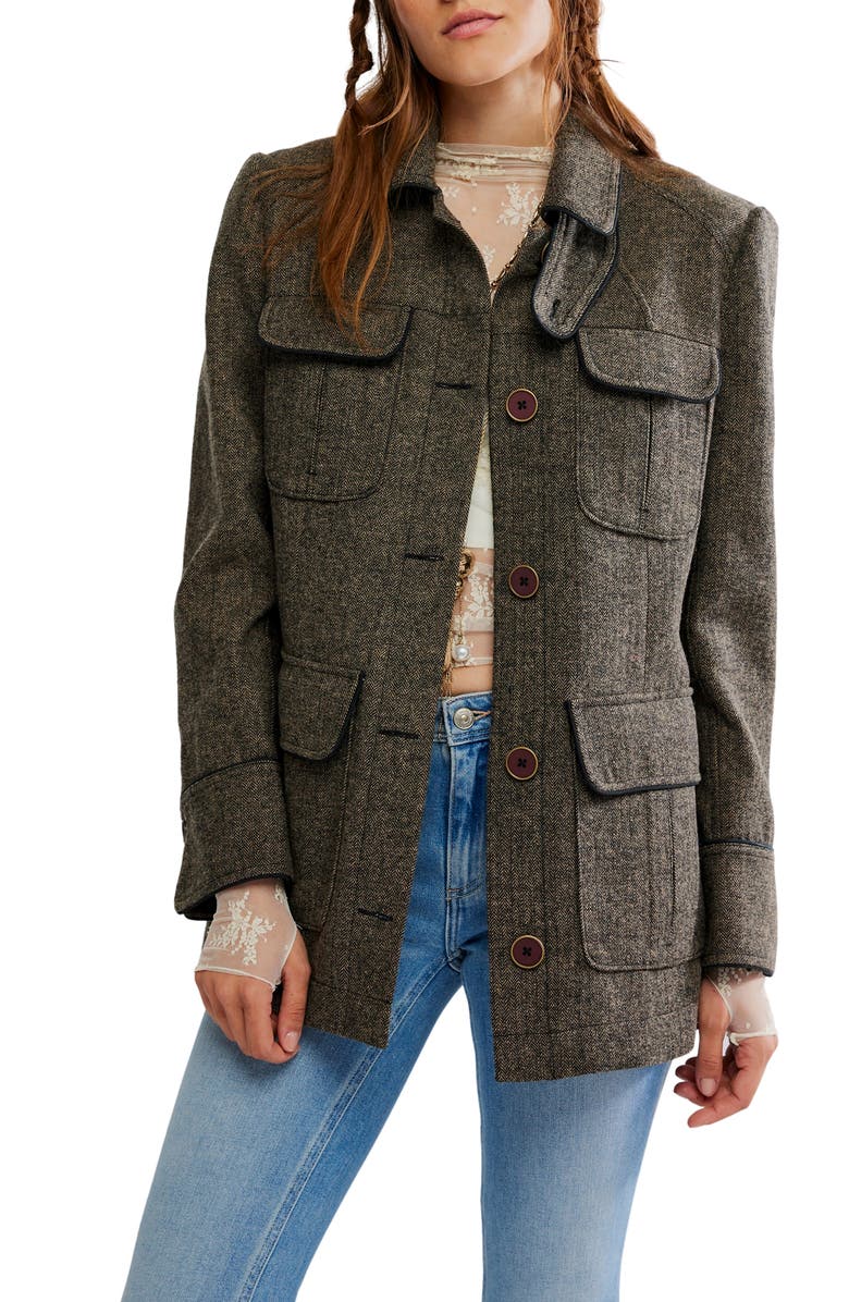 Free People Renaux Herringbone Officer Jacket, Main, color, Espresso