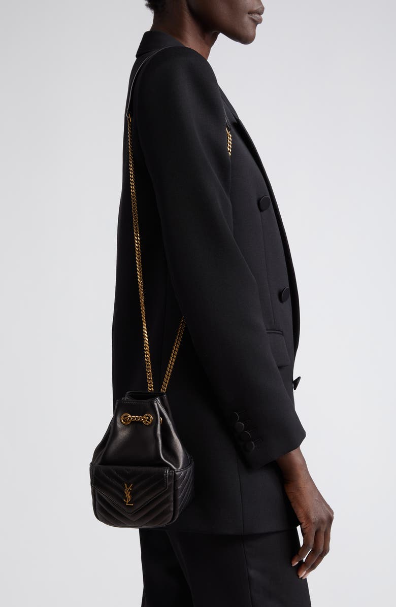 Saint Laurent Mini Joy Matelassé Leather Bucket Bag, Alternate, color, Noir