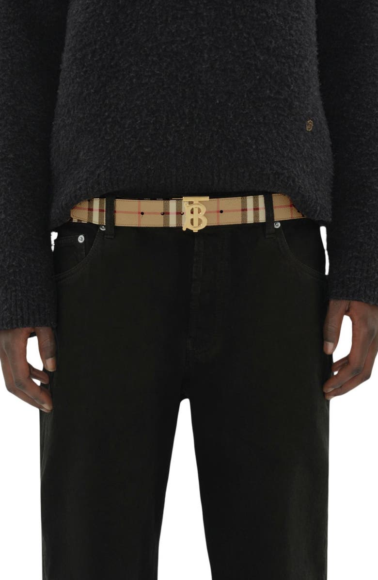 Burberry TB Plaque Check Reversible Belt, Alternate, color, Black-Archive Beige
