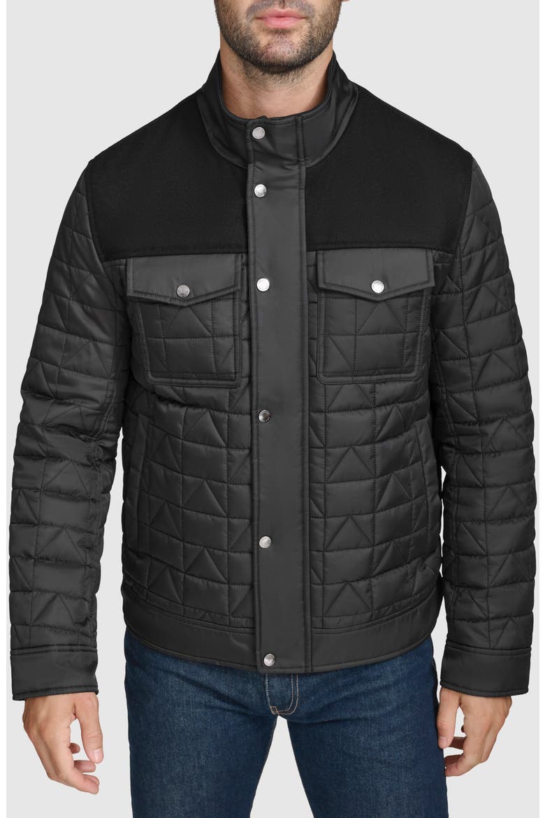 Mixed Media Quilted Jacket, Main, color, BLACK