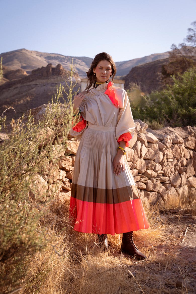 Taffeta Plissee Skirt, Alternate, color, Sand / Tobacco / Pink