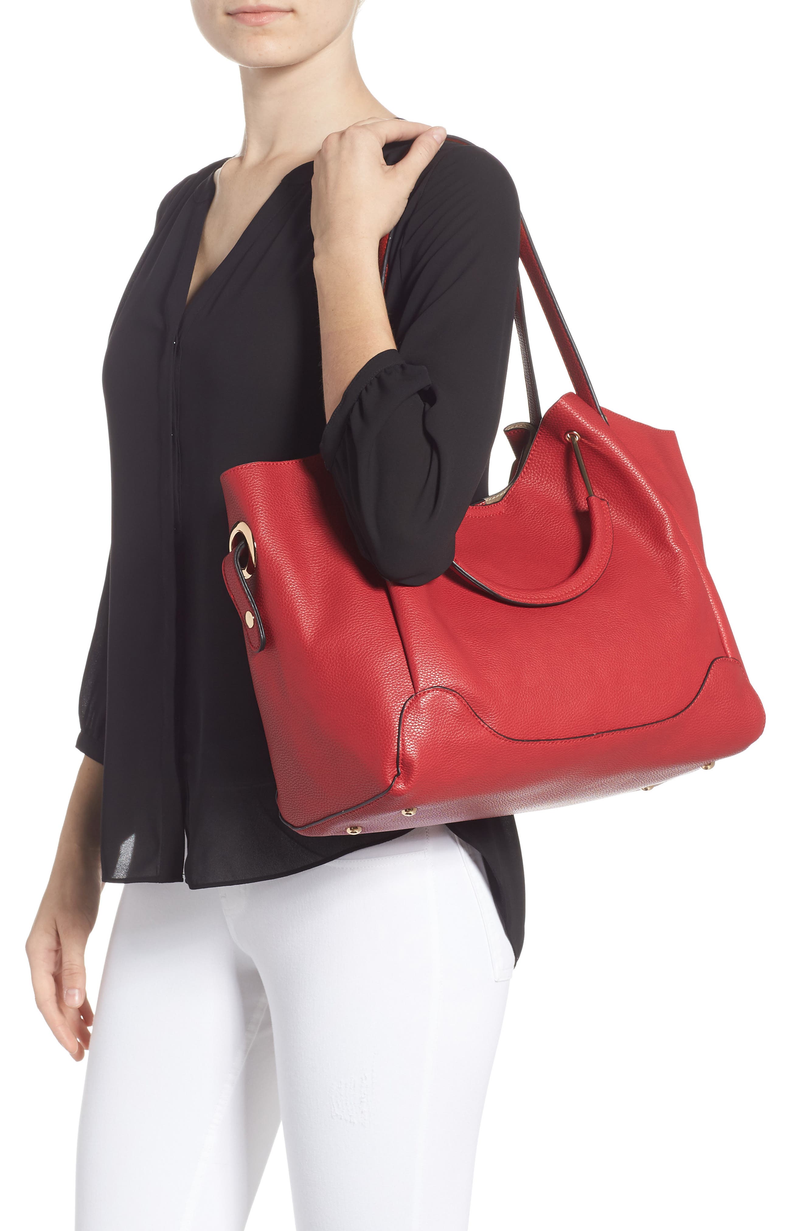 Faux Leather Satchel, Alternate, color, RED