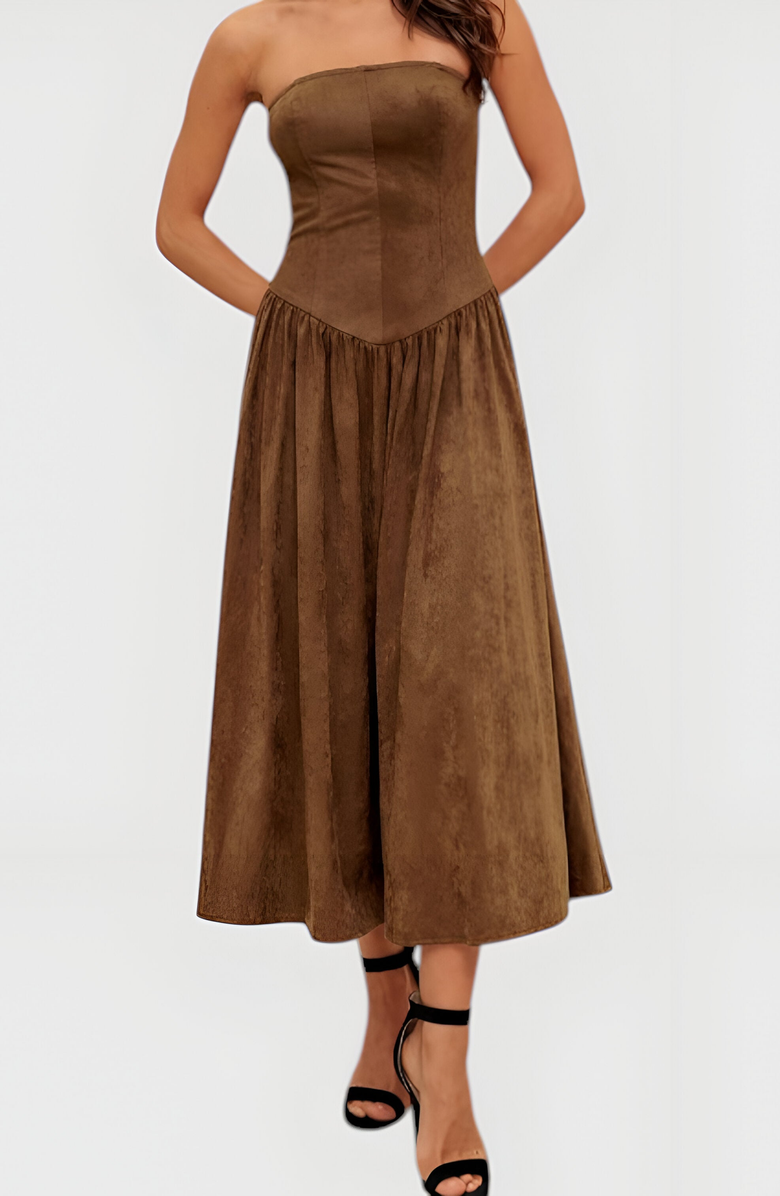 Modenaire Strapless Midi Dress with Fitted Bodice and Flared Skirt, Alternate, color,