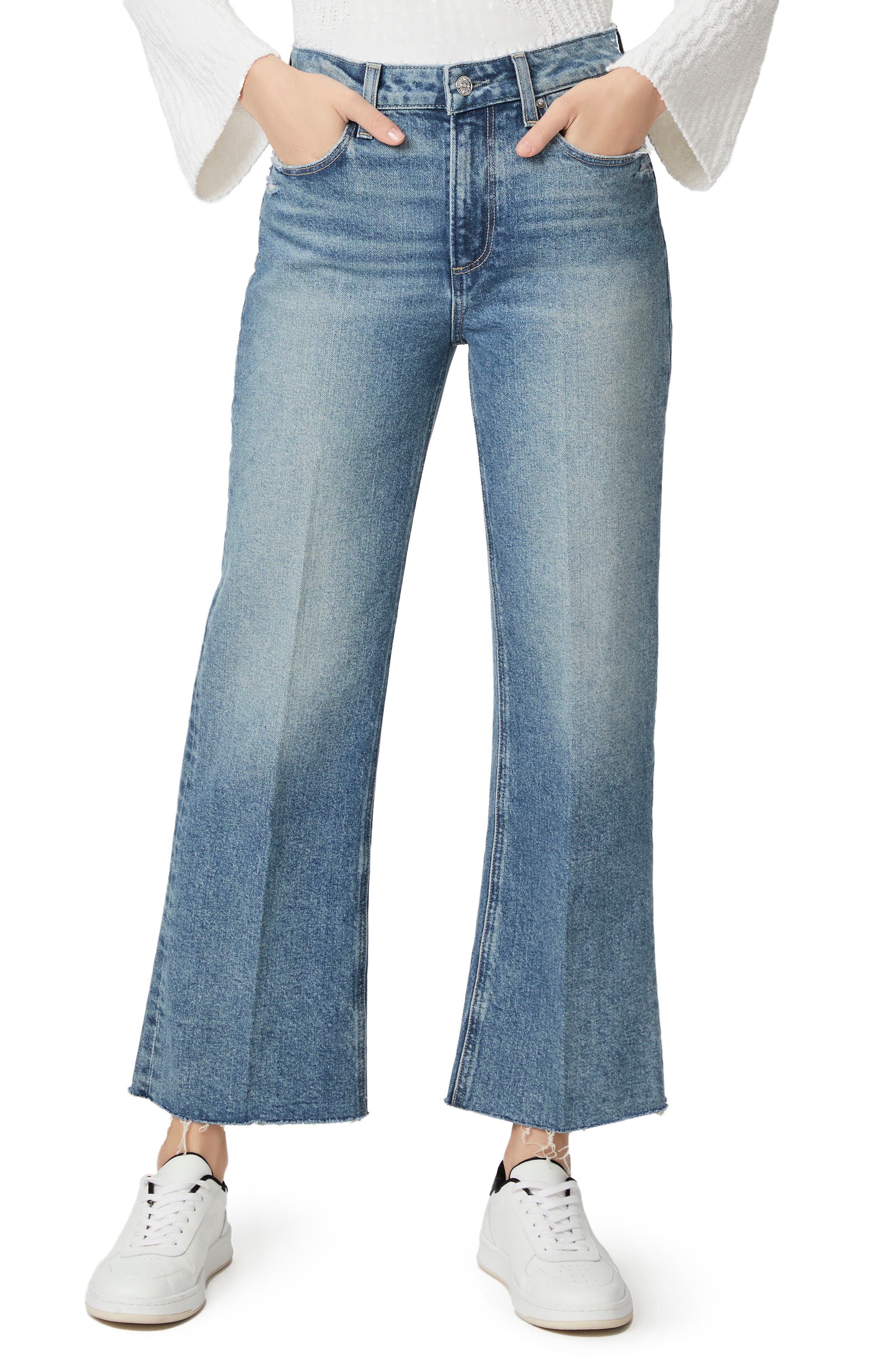 PAIGE Leenah Raw Hem High Waist Ankle Wide Leg Jeans