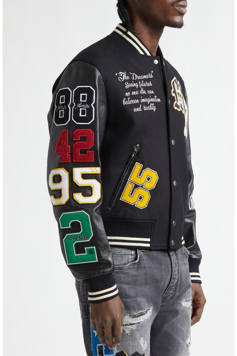 Varsity Patch Wool Blend & Leather Jacket, Alternate, color, BLACK