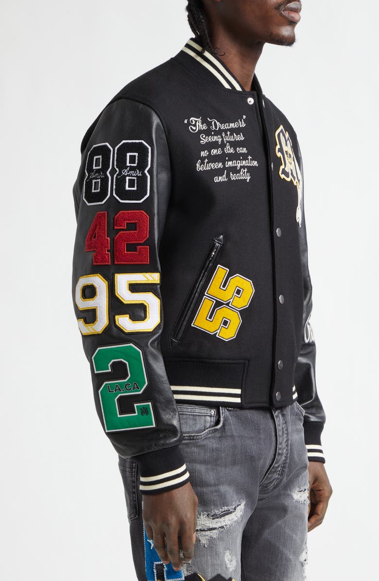 AMIRI Varsity Patch Wool Blend & Leather Jacket, Alternate, color, Black