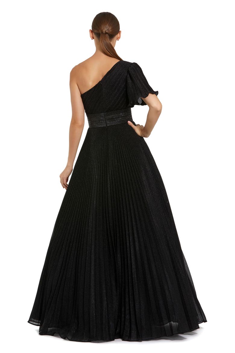 Pleated Shimmering Georgette One Shoulder Gown, Alternate, color, Black
