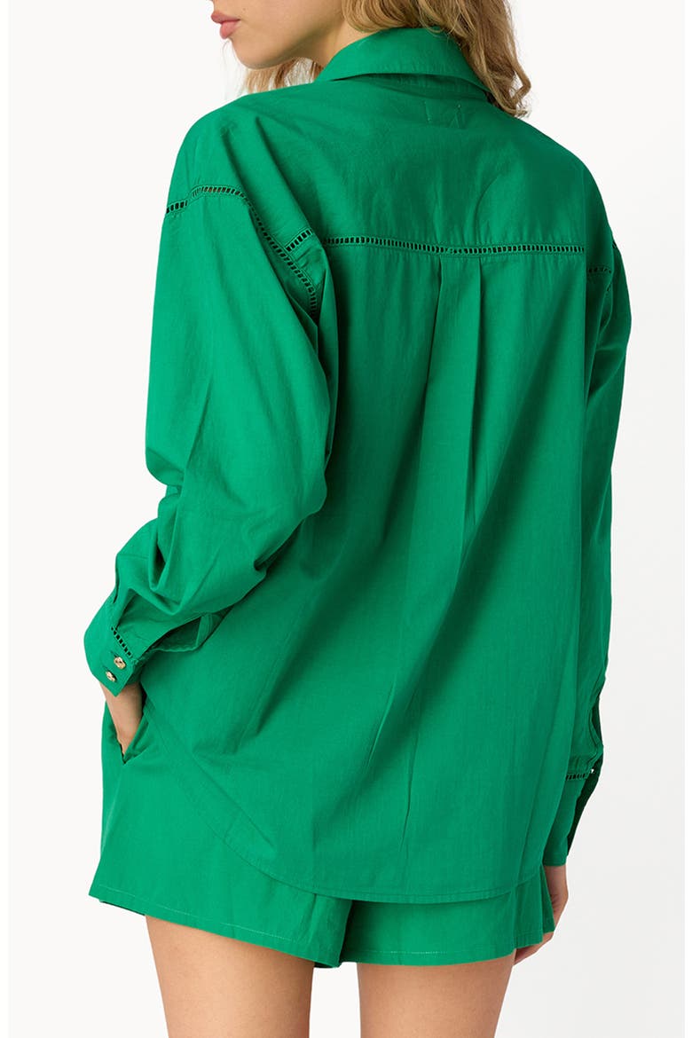 Sumayya Oversize Ladder Stitch Inset Cotton Button-Up Shirt, Alternate, color, JADE
