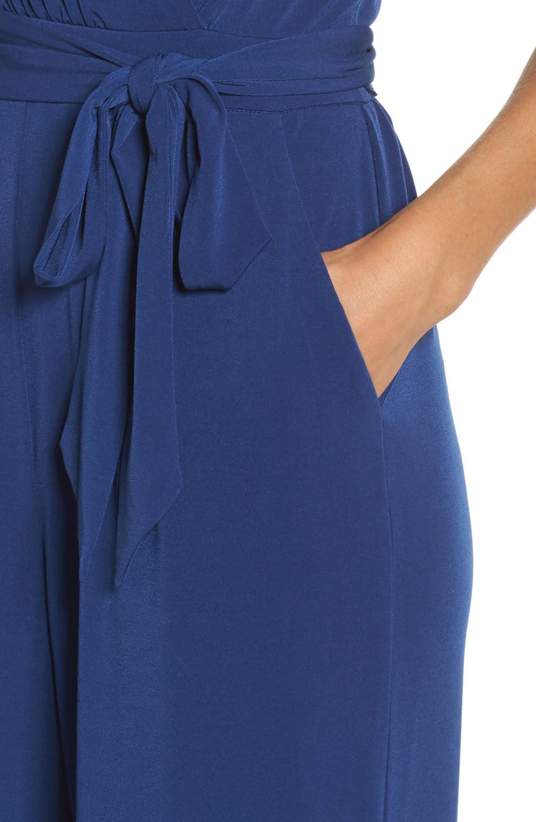 Vince Camuto Faux Wrap Jersey Jumpsuit, Alternate, color, Blue