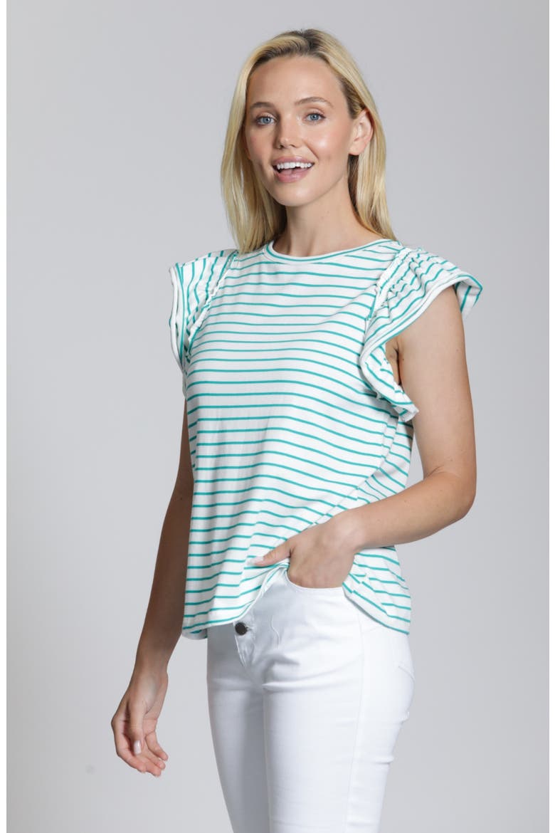 Stripe Ruffle Cap Sleeve T-Shirt, Alternate, color, WHITE/ JADE STRIPE