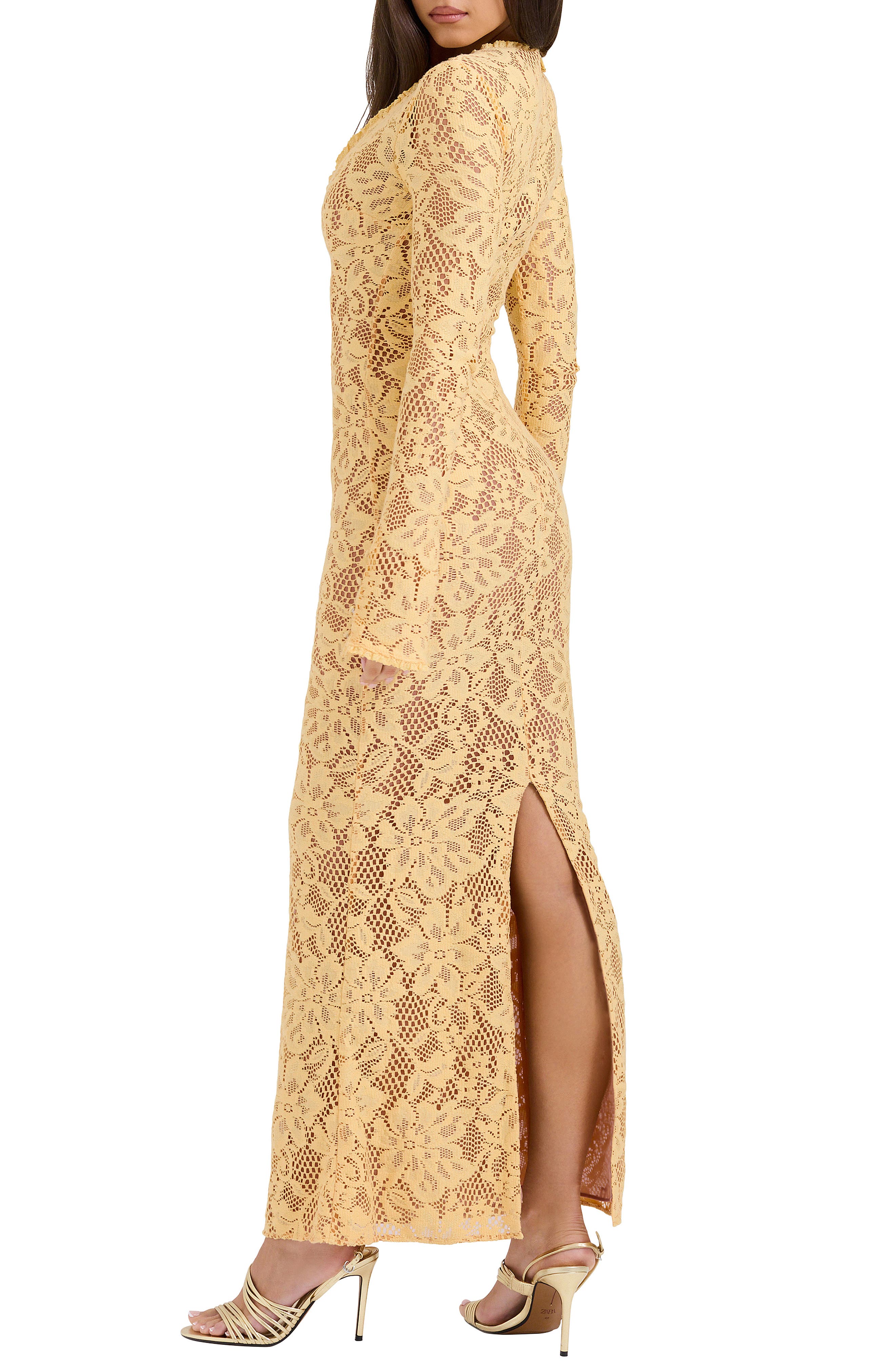 indiana apricot plunge lace maxi dress House Of Cb Indiana Plunge-Neck Stretch-Lace Maxi Dress in Metallic