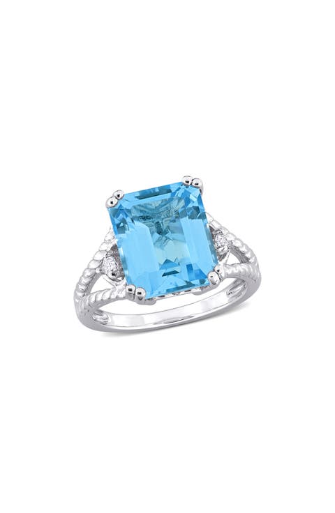 Sterling Silver White & Blue Topaz Octagon Cut Ring