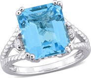 DELMAR Sterling Silver White & Blue Topaz Octagon Cut Ring