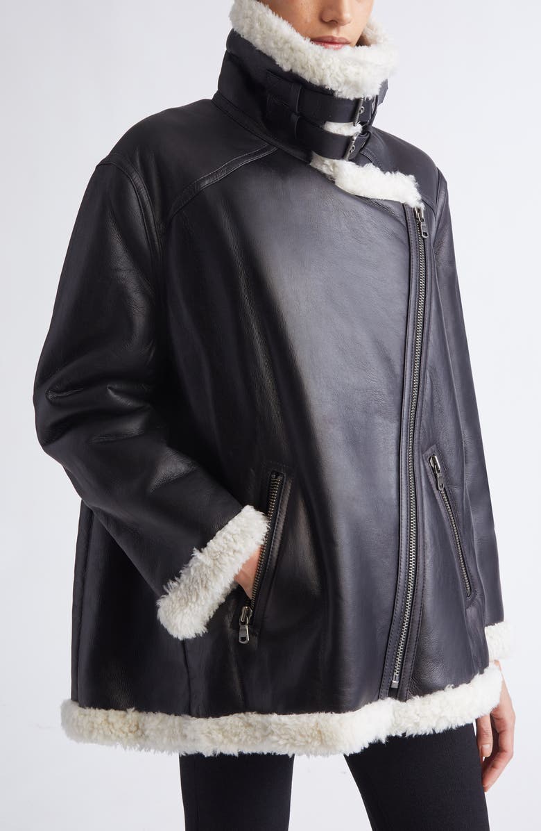 Altuzarra Shaeffer Leather & Genuine Shearling Aviator Jacket, Alternate, color, Black