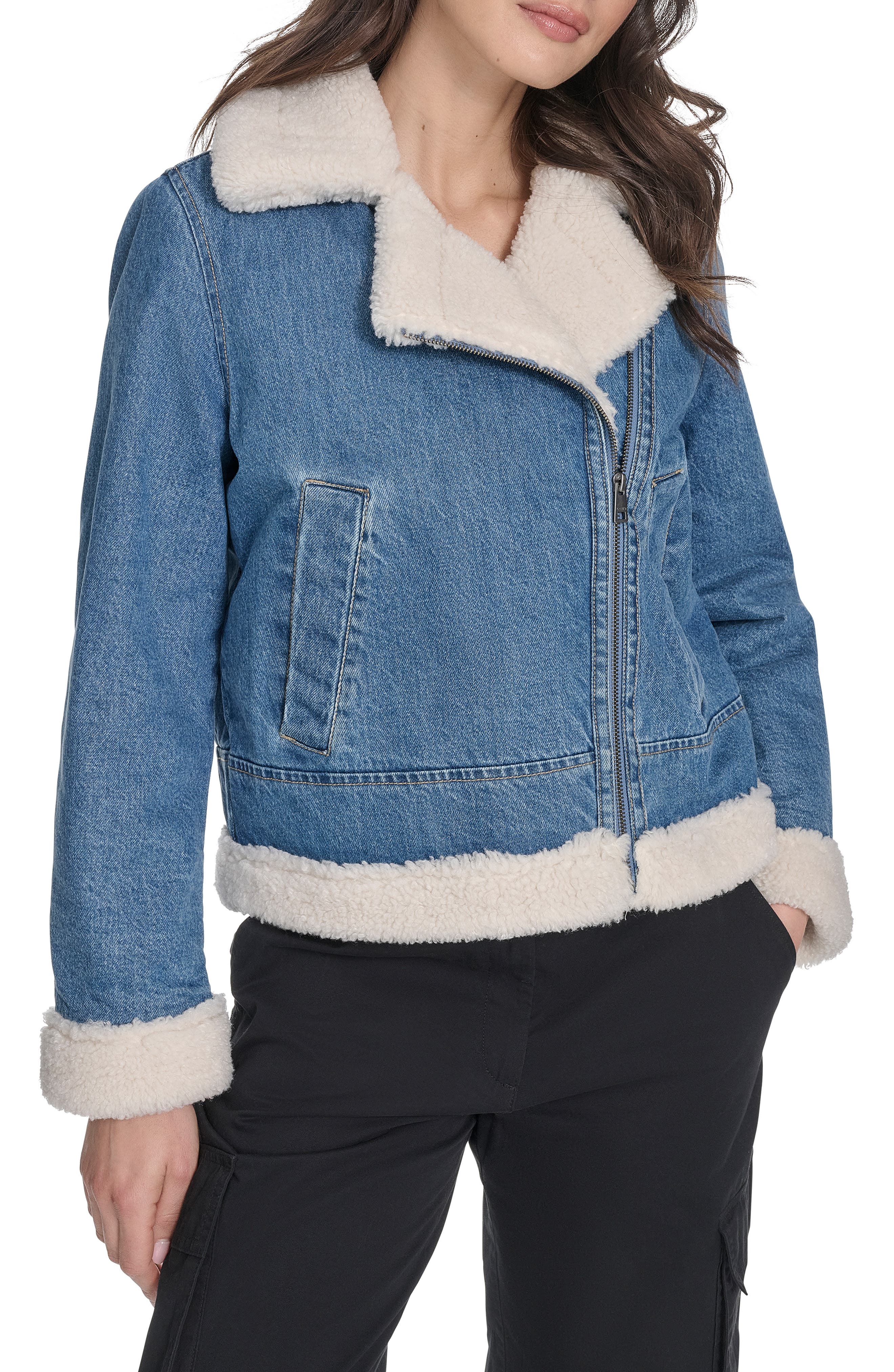 Faux Shearling Lined Denim Moto Jacket