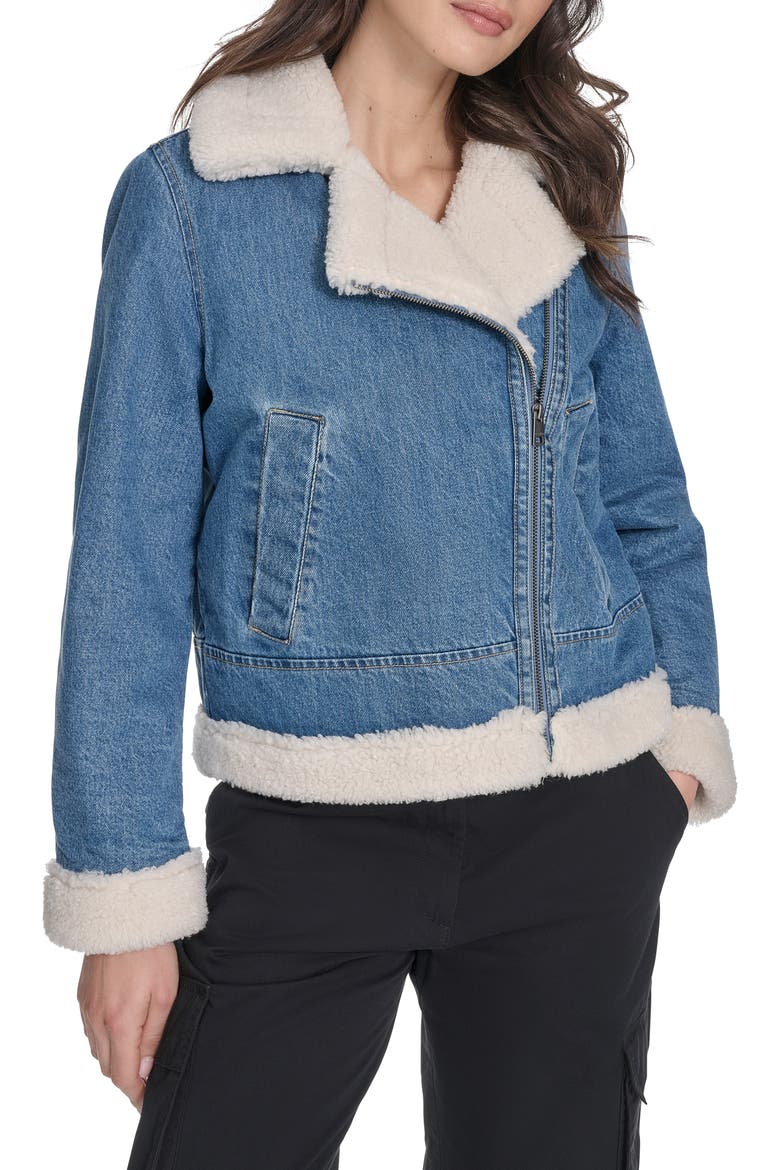 Faux Shearling Lined Denim Moto Jacket, Main, color, MEDIUM WASH DENIM